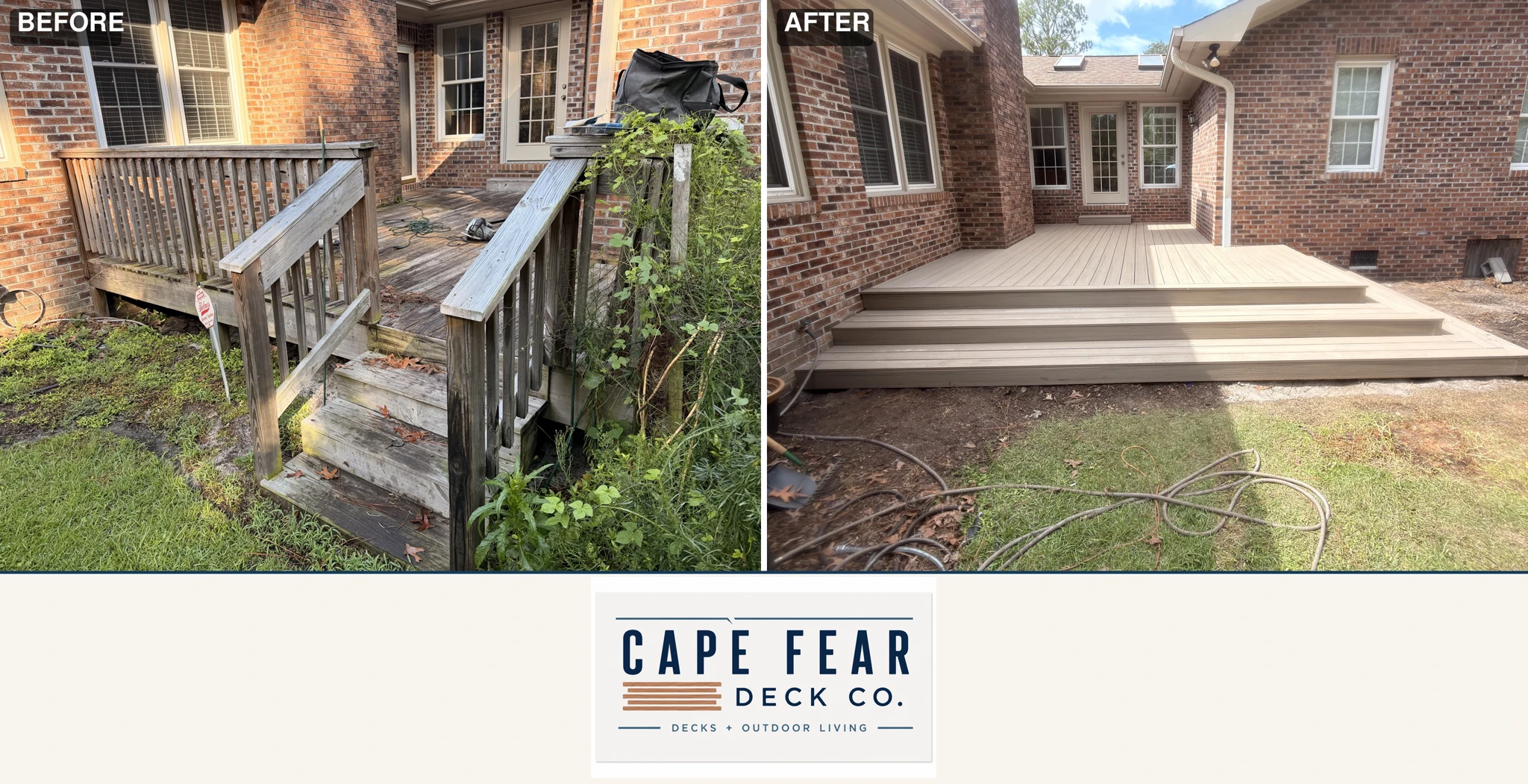 Cape Fear Deck Co. before and after: weathered wood deck transformed into a light composite deck with wide wraparound steps