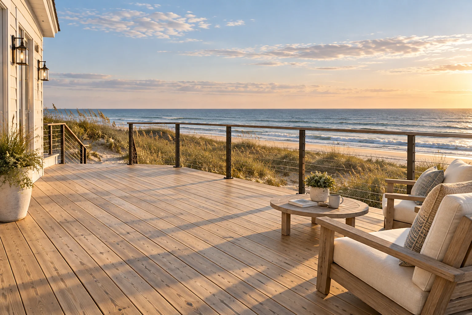 Coastal deck inspiration with lounge seating overlooking the ocean at sunset